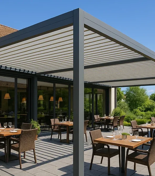 Louvered pergola with open louvres over restaurant patio dining tables