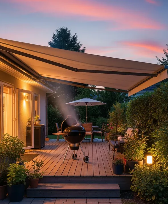 Beige retractable awning extended over wooden deck with grill at sunset