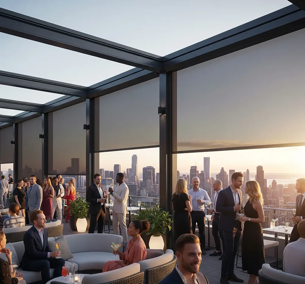 Dark vertical retractable screens lowered on rooftop pergola overlooking city skyline