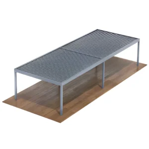 Freestanding oblong louvered pergola render with open louvres on grey frame