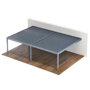 Oblong wall-mounted two-bay louvered pergola render with open louvres on decking