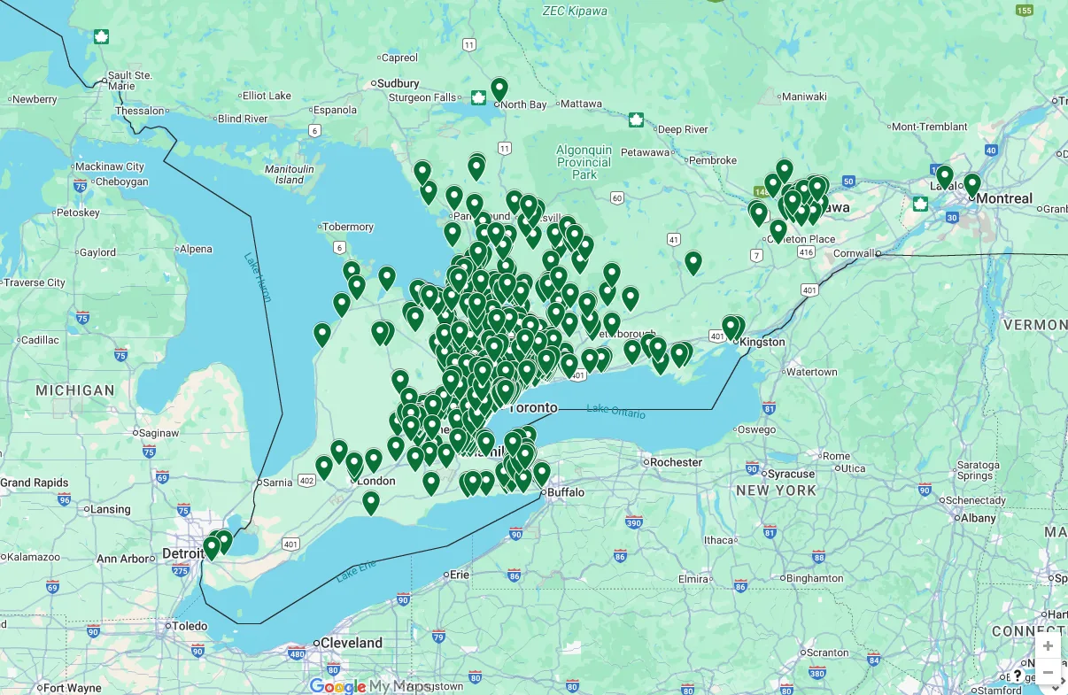 Map with project location pins across Ontario and Quebec