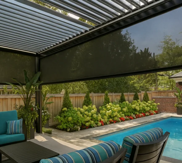 Black aluminum louvered pergola with an integrated retractable shade screen over a poolside patio