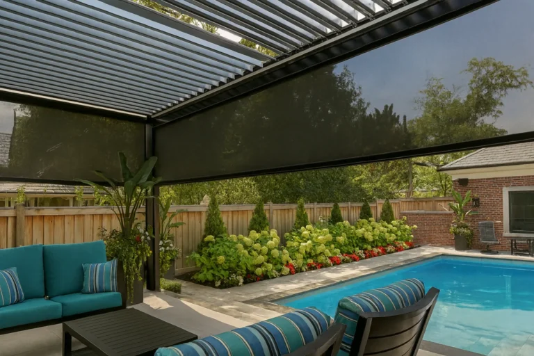 Black aluminum louvered pergola with an integrated retractable shade screen over a poolside patio
