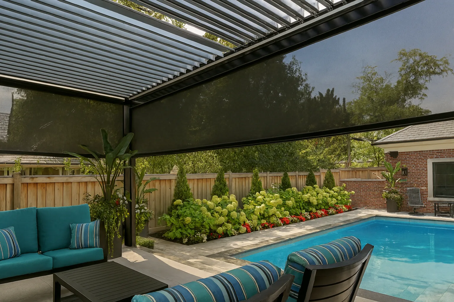 Black aluminum louvered pergola with an integrated retractable shade screen over a poolside patio