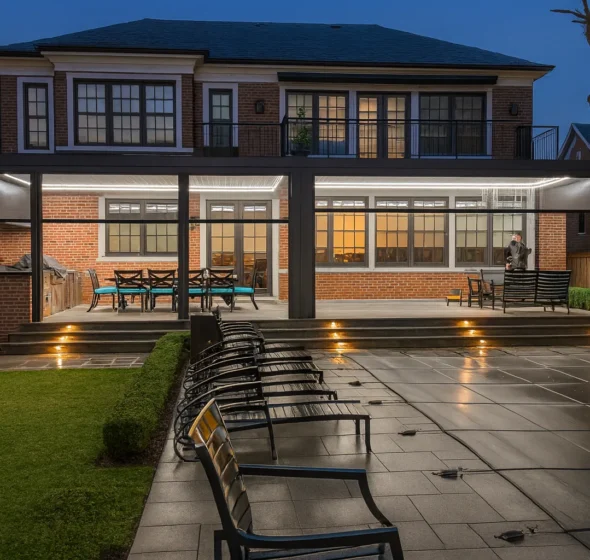 Illuminated aluminum louvered pergola attached to a house at night, seating and dining furniture beneath