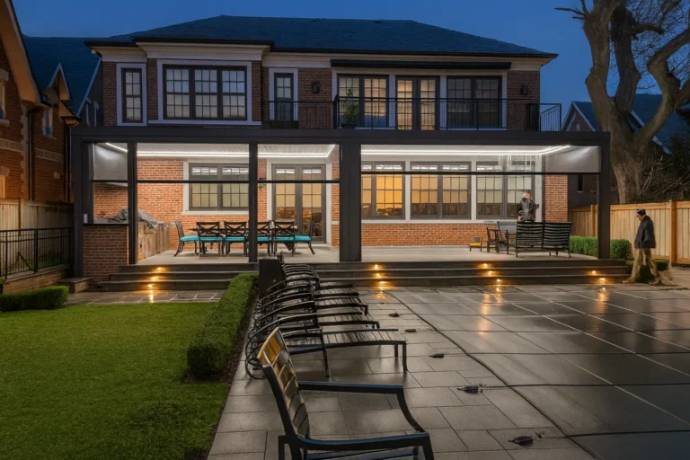 Illuminated aluminum louvered pergola attached to a house at night, seating and dining furniture beneath
