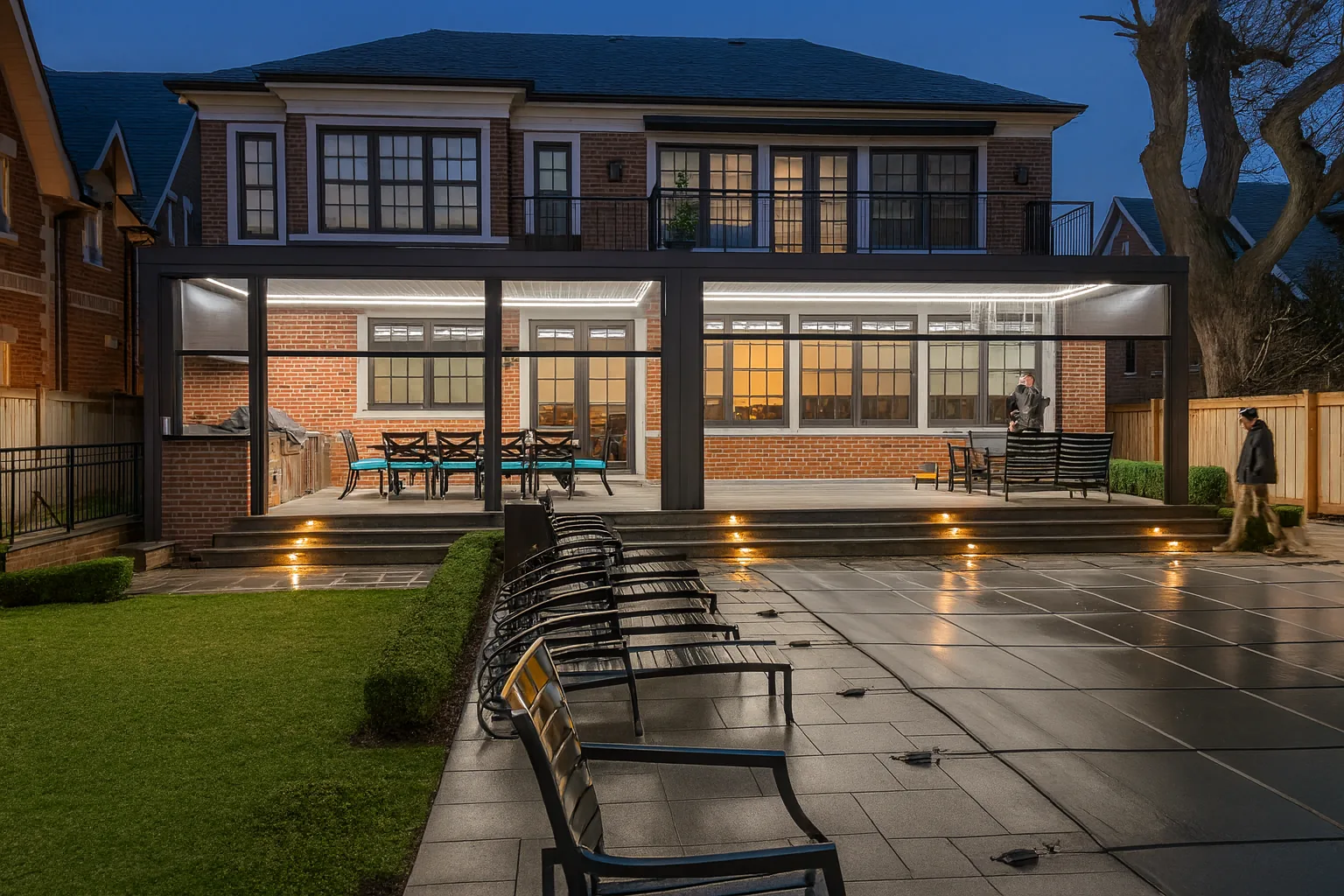 Illuminated aluminum louvered pergola attached to a house at night, seating and dining furniture beneath