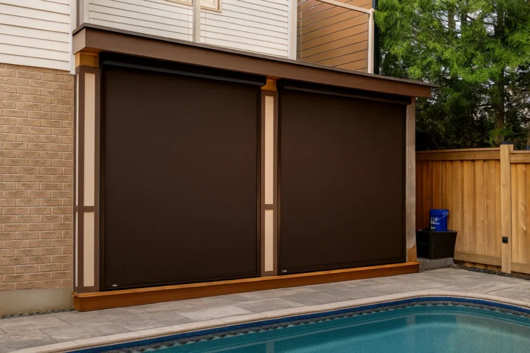 Two motorized retractable mesh screens lowered over a covered patio beside an in-ground pool and cedar fence