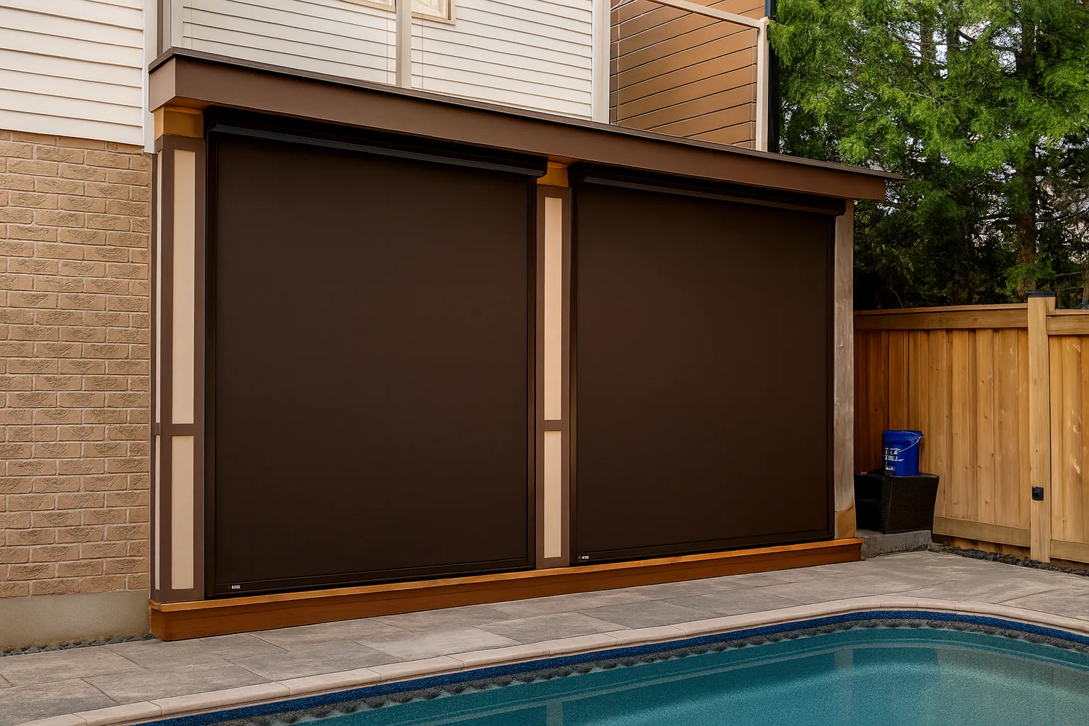Two motorized retractable mesh screens lowered over a covered patio beside an in-ground pool and cedar fence