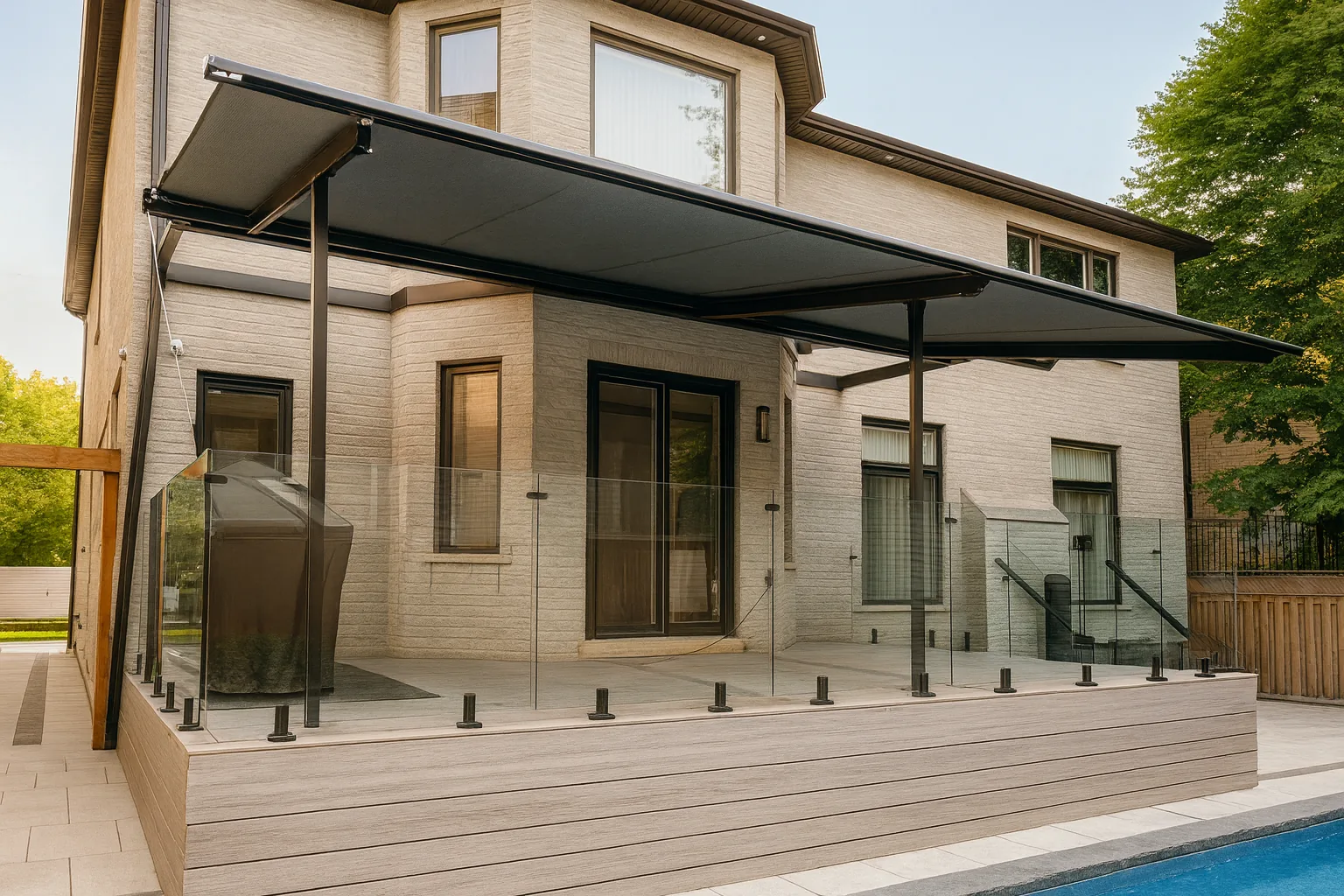 Black retractable awning extended over a modern home's glass-railed deck beside the pool