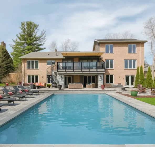 Large retractable awning extended over the rear balcony of a brick and stone house overlooking a pool