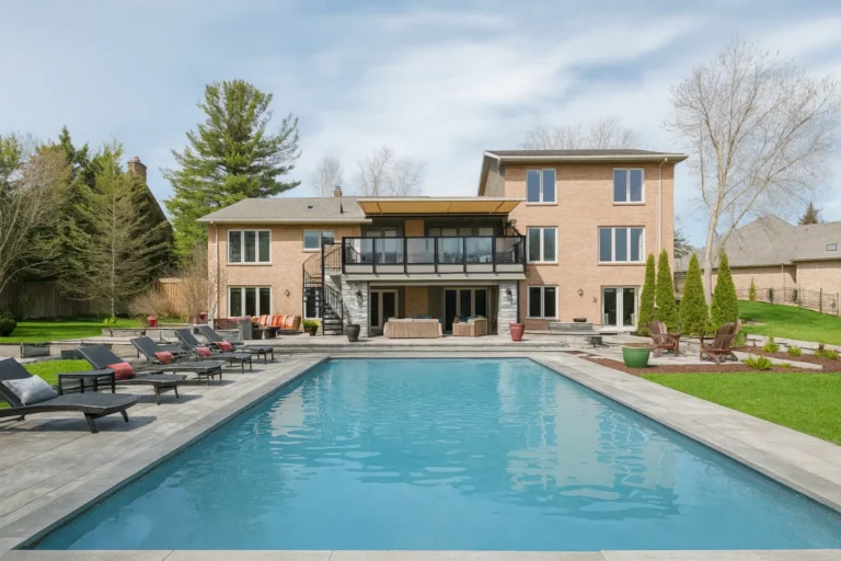 Large retractable awning extended over the rear balcony of a brick and stone house overlooking a pool