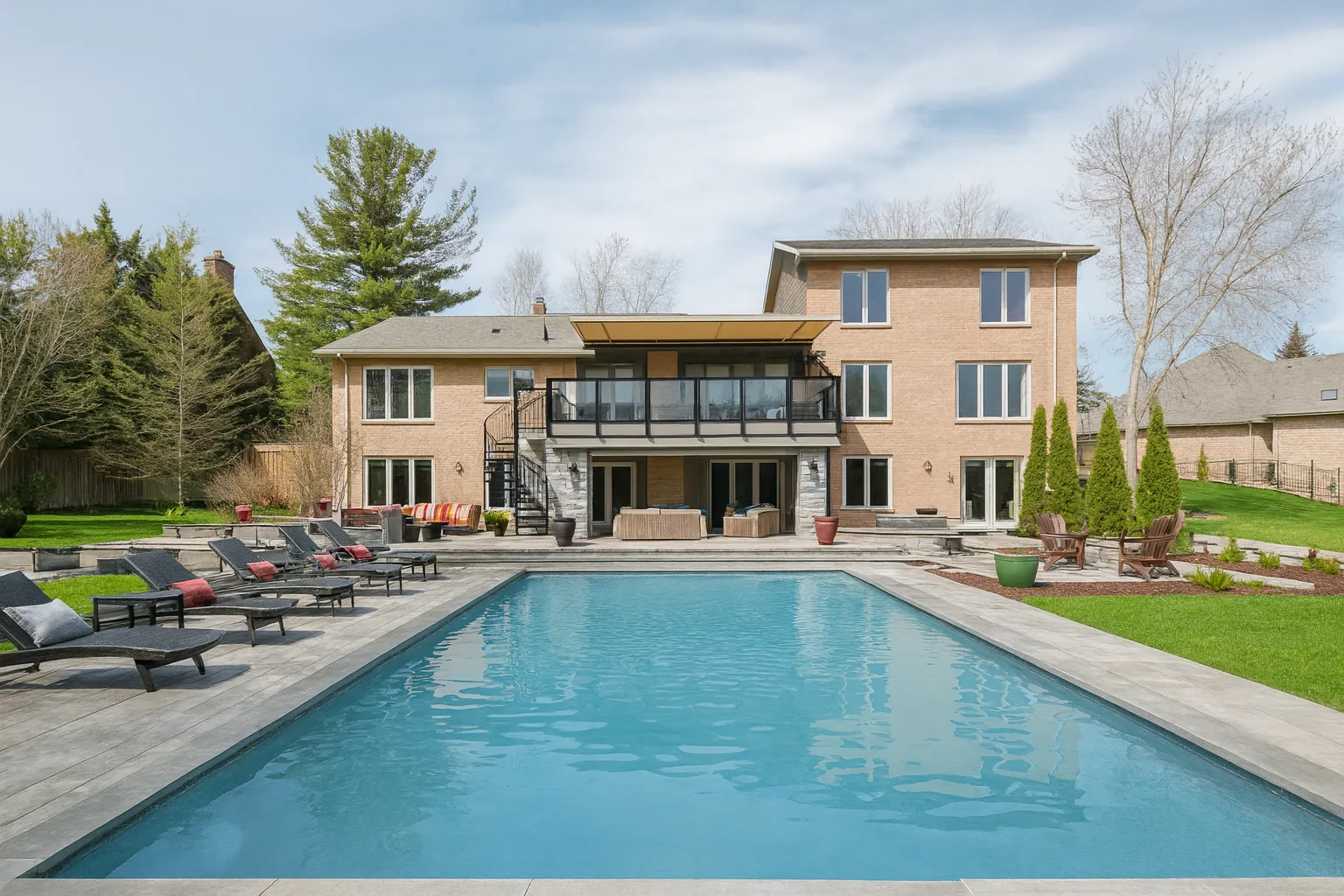Large retractable awning extended over the rear balcony of a brick and stone house overlooking a pool