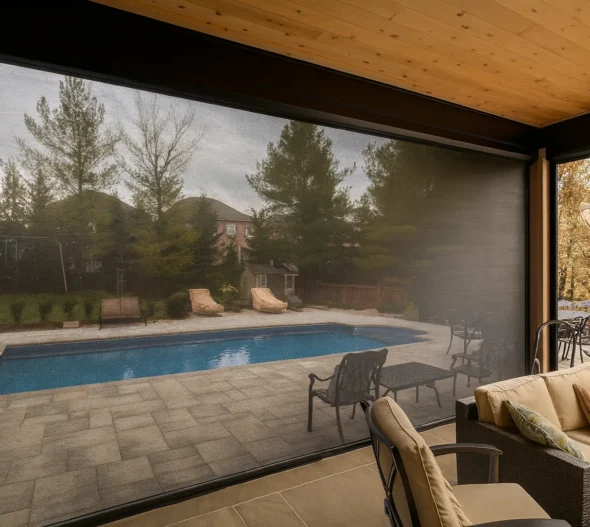 Black mesh retractable screen partly lowered on a covered patio looking out to a backyard pool