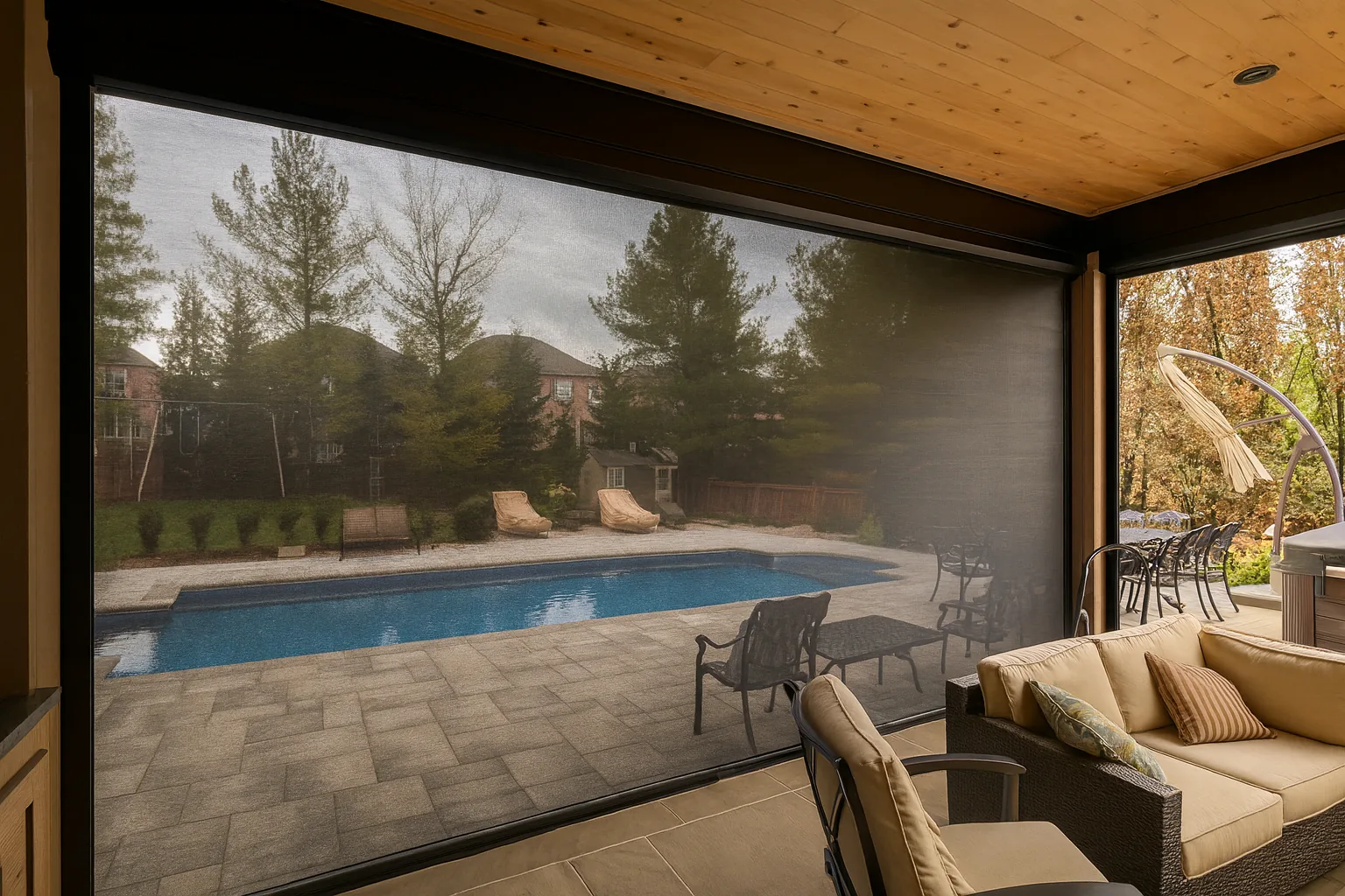 Black mesh retractable screen partly lowered on a covered patio looking out to a backyard pool