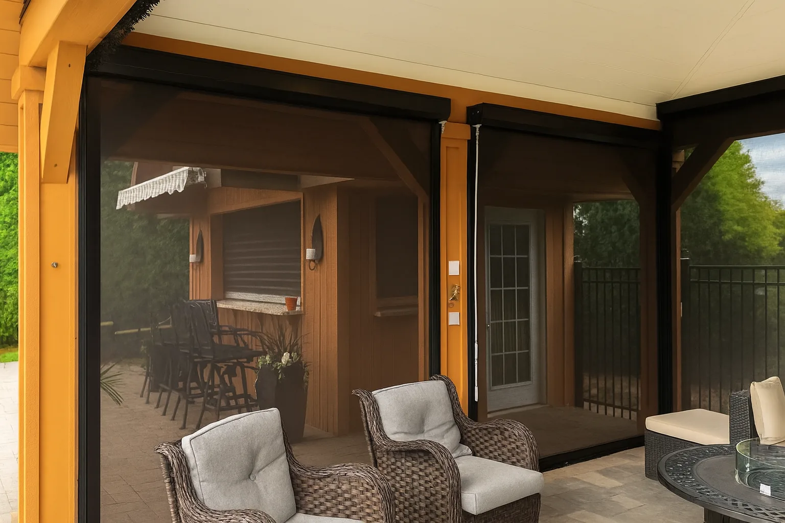 Cedar-framed covered patio with retractable mesh screens lowered in black side tracks around a wicker seating area