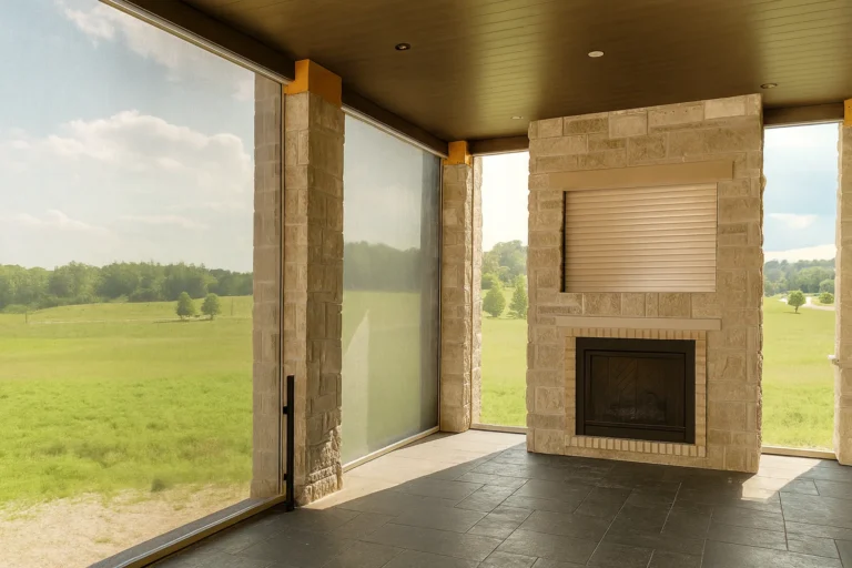 Covered patio with stone columns and a fireplace, retractable mesh screens lowered on two sides over a rural view